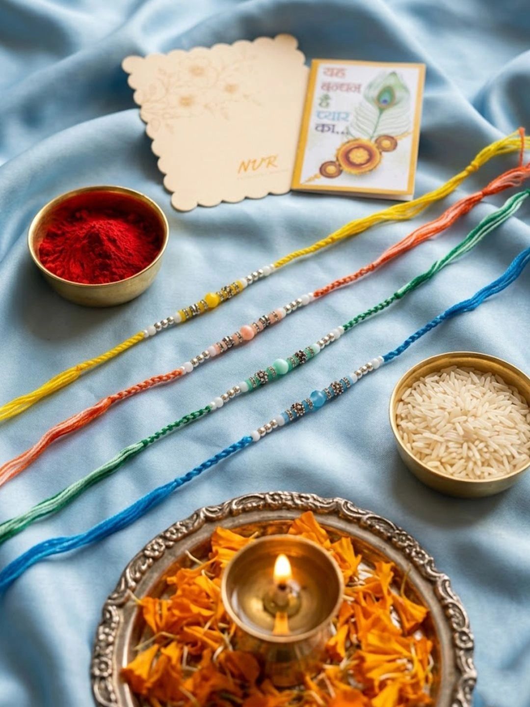 Anouk Set Of 4 Multicolor Artificial Beads Thread Rakhi With Roli Chawal Chandan Mishri
