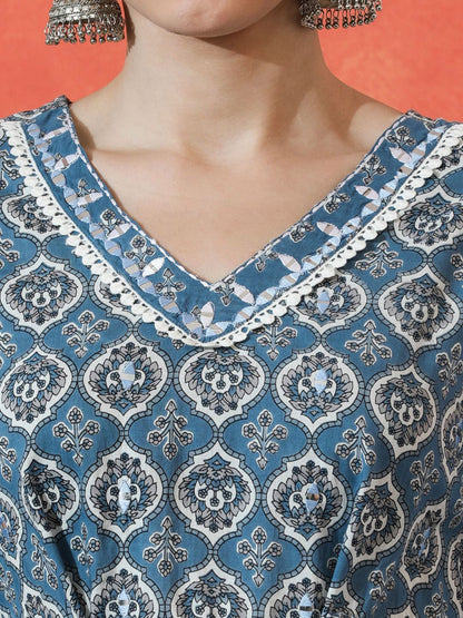 Indyancart SN Women's Floral Embroidered A-Line Pure Cotton Kurta With Trousers & Dupatta