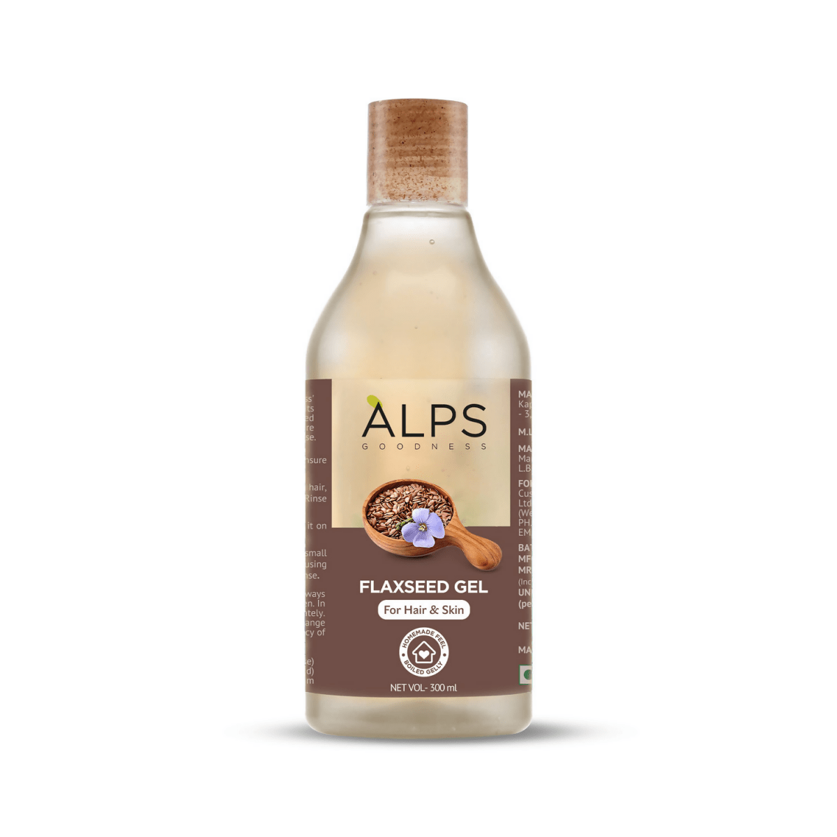 Alps Goodness Flaxseed Gel for hair and skin, showing a clear container of face gel with flaxseed ingredients and natural texture.