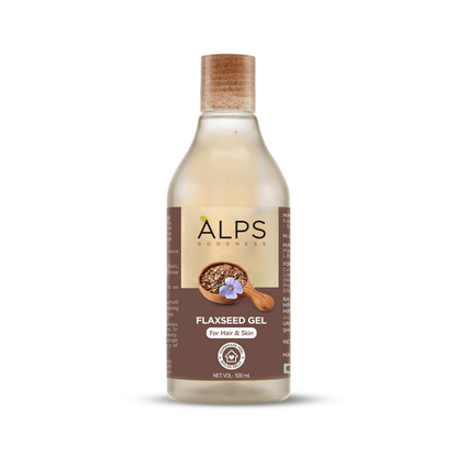 Alps Goodness Flaxseed Gel for hair and skin, showing a clear container of face gel with flaxseed ingredients and natural texture.