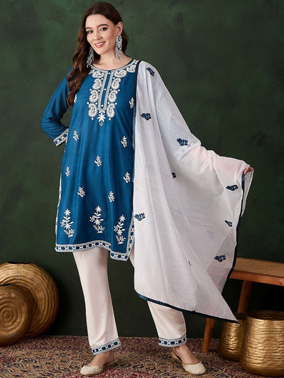 Indyancart SN Women's Teal Blue Paisley Embroidered Thread Work Straight Kurta & Trouser With Dupatta