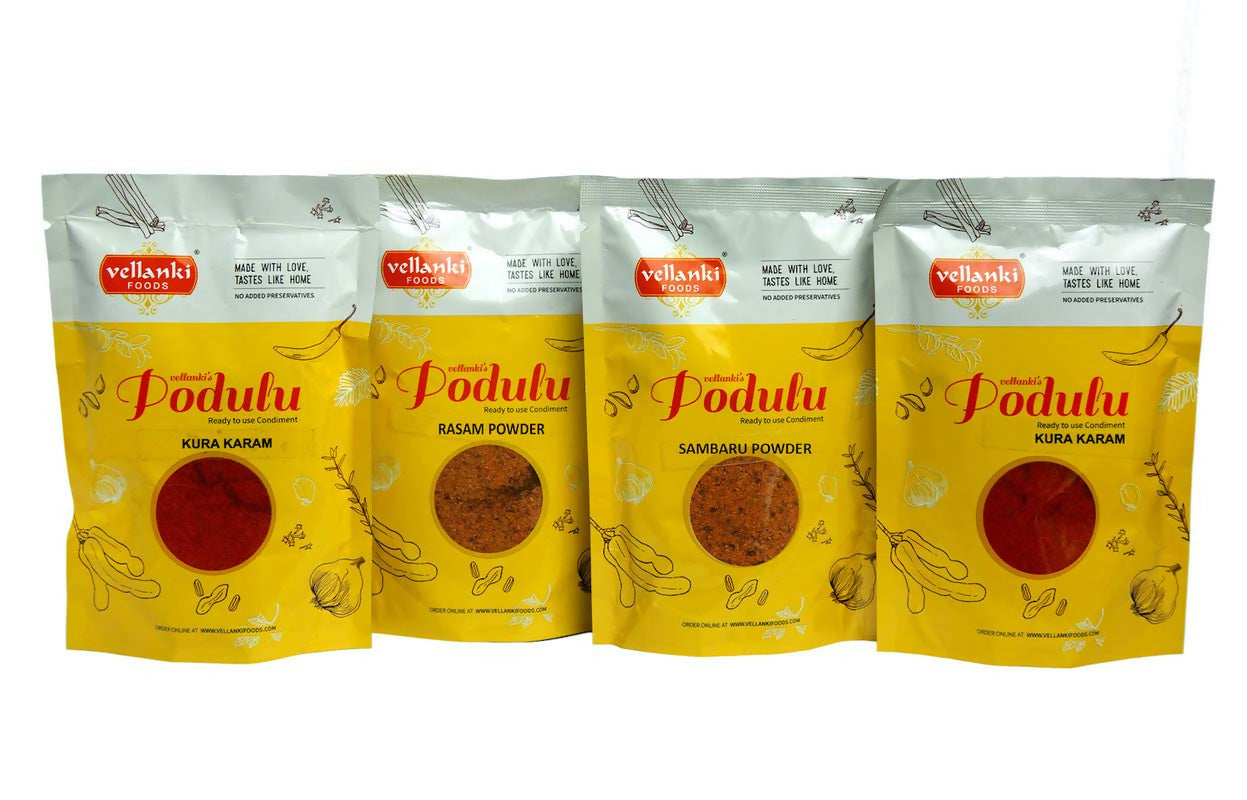 Vellanki Foods combo of rasam podi, sambar podi, and kura karam masala powders in 250g packs, traditional South Indian spice blends.