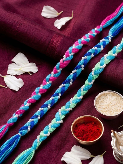 Anouk Set Of 3 Multicolor Thread Rakhi With Roli Chawal Chandan Mishri