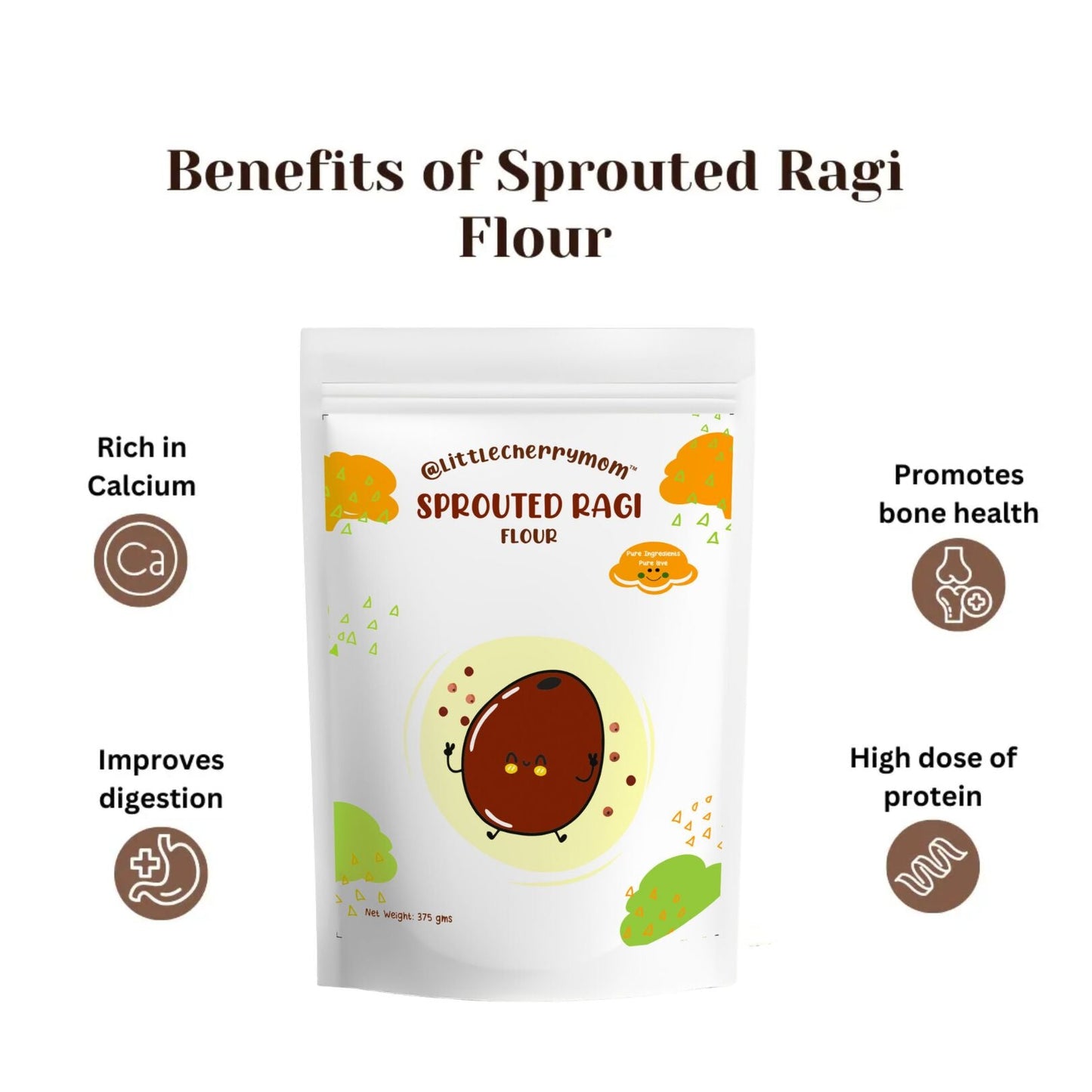 Littlecherrymom sprouted ragi flour in a clear container, ideal for baby food, showcasing the nutritious, organic grain product.