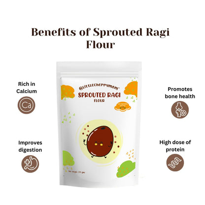 Littlecherrymom sprouted ragi flour in a clear container, ideal for baby food, showcasing the nutritious, organic grain product.