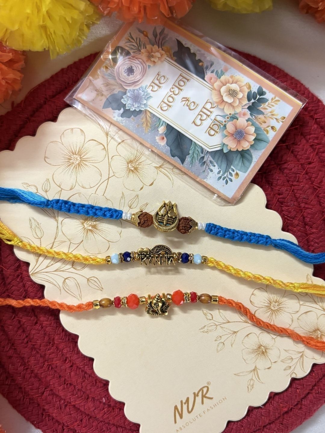 Anouk Set Of 3 Rudraksh Religious Rakhi Thread Rakhi Roli Chawal Chandan Mishri