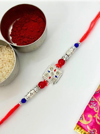 German Silver Stone Studded & Beaded Thread Rakhi Traditional Handmade Rakhi for Brother