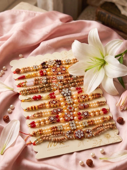 Anouk Set Of 10 Multicolor Designer Thread Rakhi With Roli Chawal Chandan Mishri