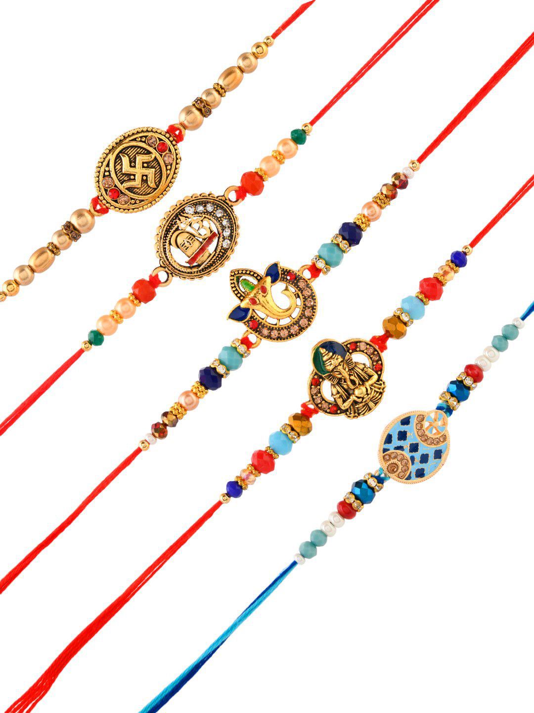 Anouk Set Of 5 Divine Beaded Thread Rakhi With Roli Chawal & Greetings Card