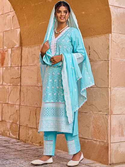 Women Ethnic Motifs Embroidered Regular Chikankari Pure Cotton Kurta with Trousers & With Dupatta
