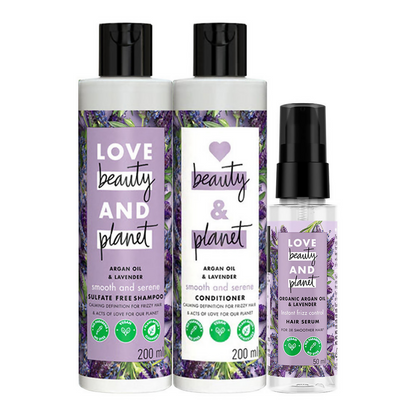 Love Beauty and Planet argan oil and lavender anti-frizz shampoo, conditioner, and hair serum combo for smooth, shiny hair.