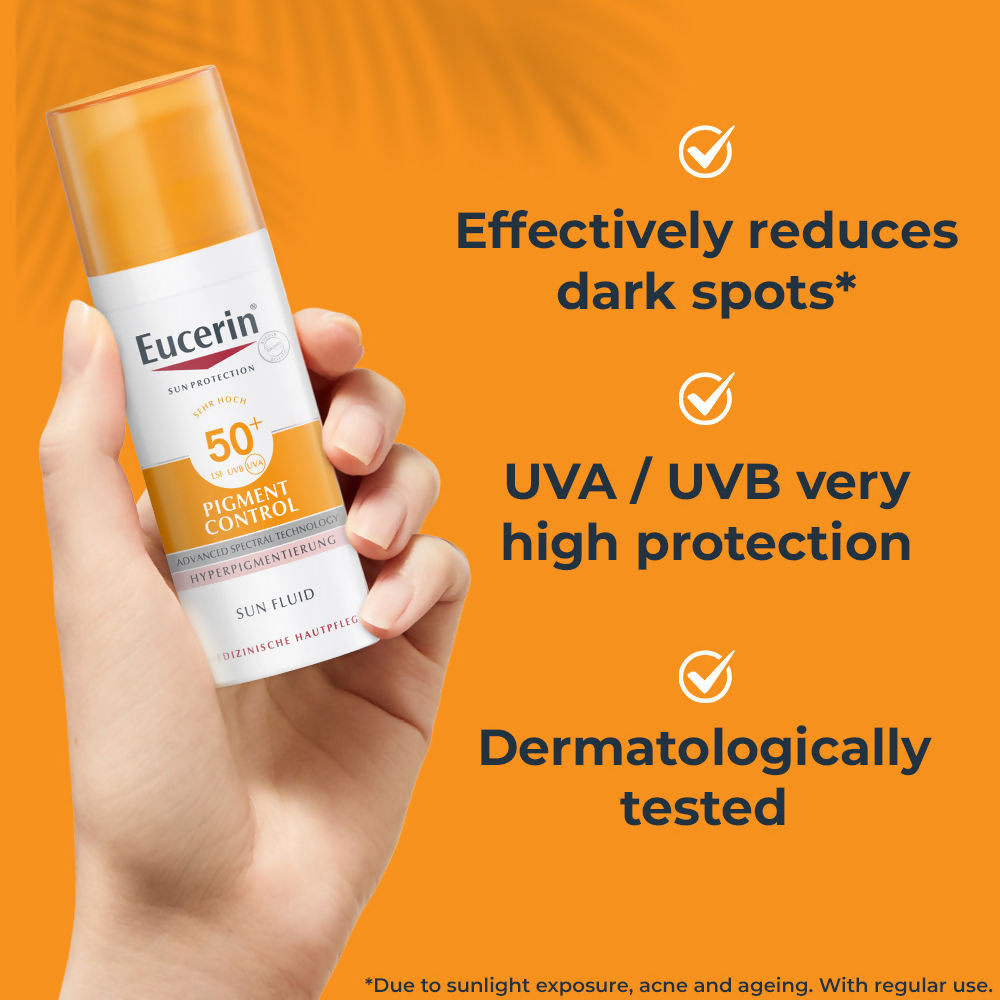 Eucerin Pigment Control Sunscreen Fluid SPF 50+ bottle with white pump and blue label, displayed on a plain background.