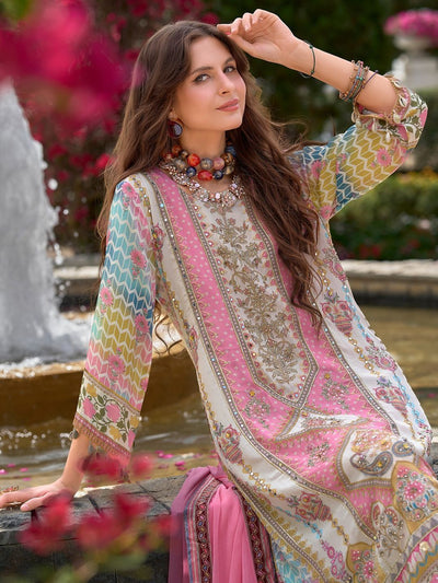 Indyancart IE Ethnic Motifs Printed Mirror Work Liva Kurta With Trouser & Dupatta