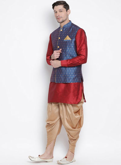 Men's Maroon Silk Blend Straight Jacket  Kurta and Dhoti Set