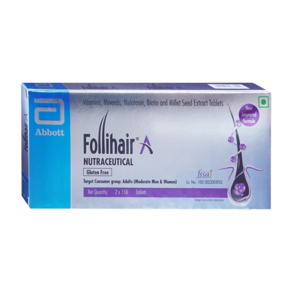 Gluten-free Follihair A hair care tablets by Abbott displayed in a blister pack with a white background