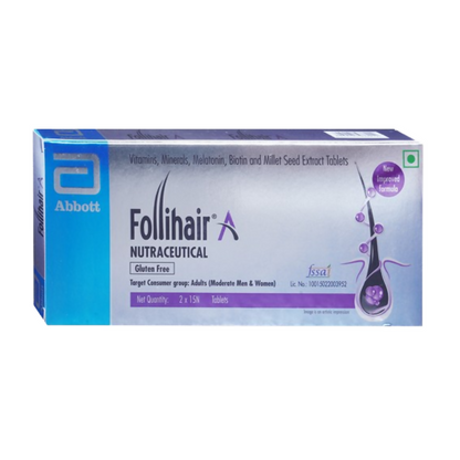 Gluten-free Follihair A hair care tablets by Abbott displayed in a blister pack with a white background