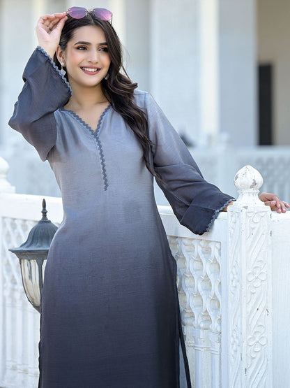 Indyancart VA Women's Ombre Regular V neck Silk Blend Kurta with Trousers