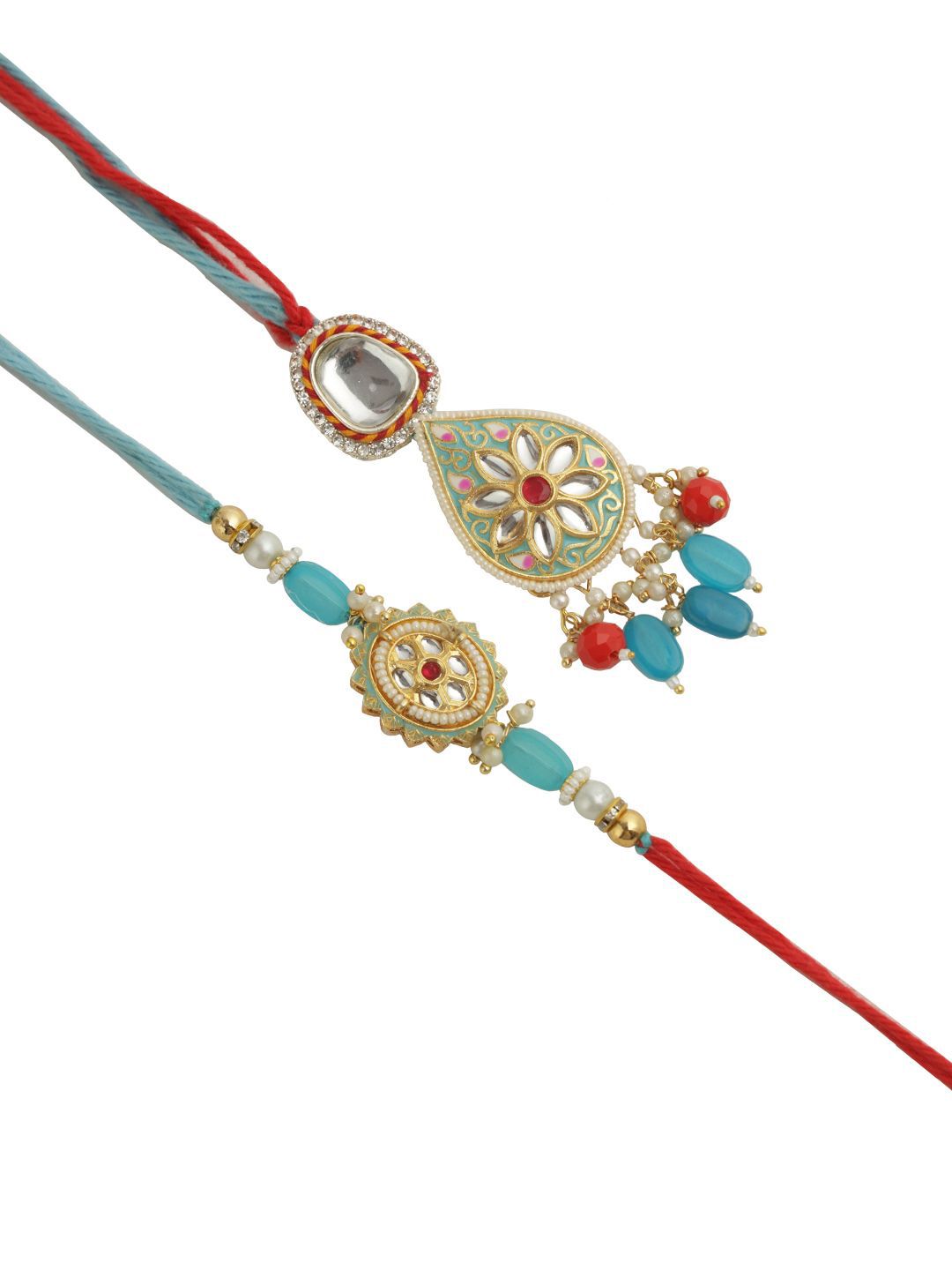 Anouk Bhaiya Bhabhi Kundan Studded Enameled Thread Rakhi With Roli Chawal & Greetings Card