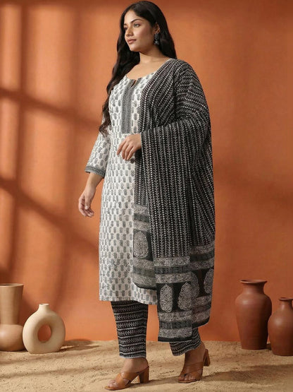 Indyancart Women's Ethnic Motifs Printed Regular Pure Cotton Kurta with Trousers & With Dupatta