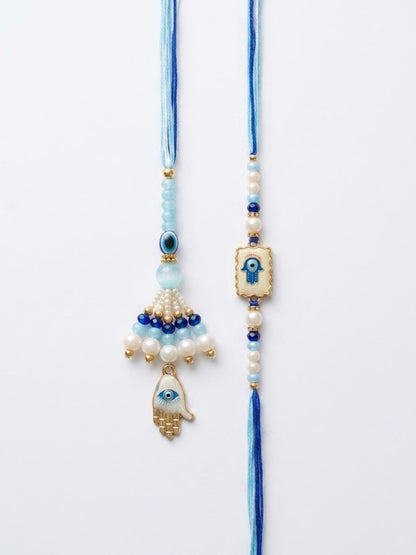 Anouk Set Of 2 Evil Eye Hand Design Bhaiya Bhabhi Rakhi With Roli Chawal Chandan Mishri
