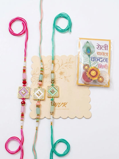 Anouk Set Of 3 Multicolor Ad Thread Rakhi With Roli Chawal Chandan Mishri