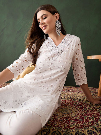 Indyancart SN Women's White Floral Embroidered V-Neck Mirror Work Pure Cotton Kurta with Trousers