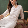 Dhiyona SN Women's White Floral Embroidered V-Neck Mirror Work Pure Cotton Kurta with Trousers