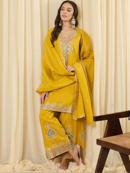 Indyancart IE Women Ethnic Motifs Embroidered Regular Sequinned Kurta with Palazzos & With Dupatta