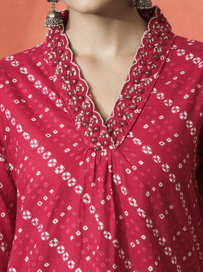 Indyancart SN Women's Bandhani Printed V-Neck Pleated Pure Cotton Straight Kurta With Trouser & Dupatta