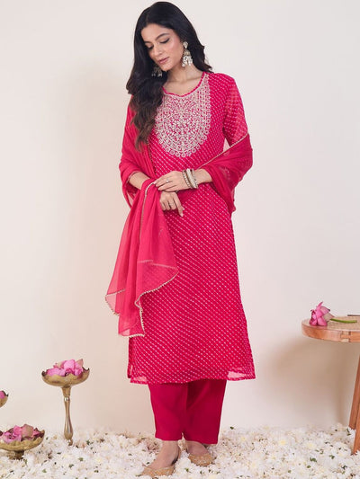 Indyancart IE Leheriya Printed Regular Sequinned Kurta With Trousers & Dupatta