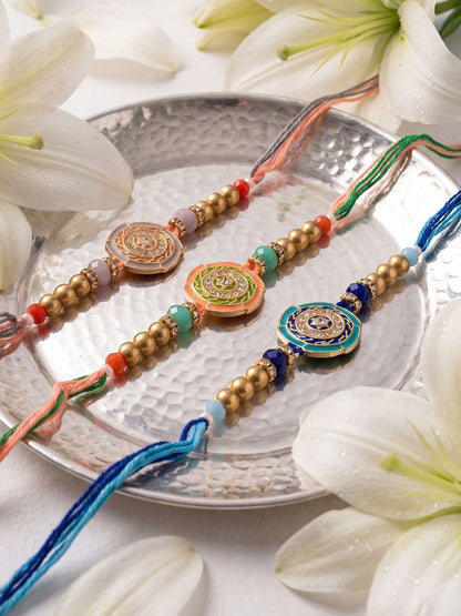 Anouk Set Of 3 Floral Design Multicolor Artificial Beads Thread Rakhi With Roli Chawal
