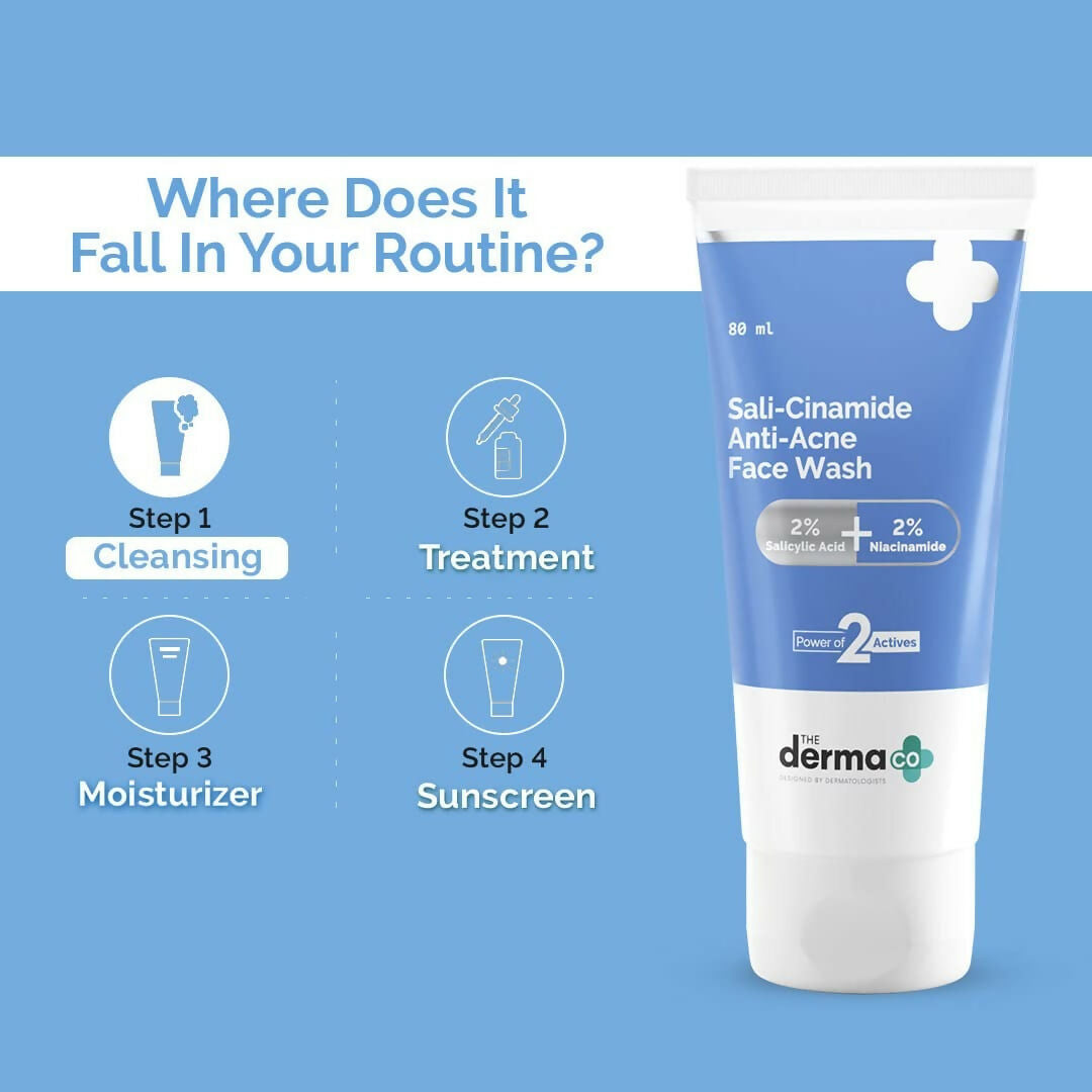 The Derma Co Sali-Cinamide Anti-Acne Face Wash bottle with label and pump dispenser, designed for clear skin.
