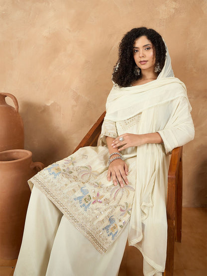 Indyancart VA Women Ethnic Motifs Embroidered Regular Thread Work Kurta with Palazzos & With Dupatta