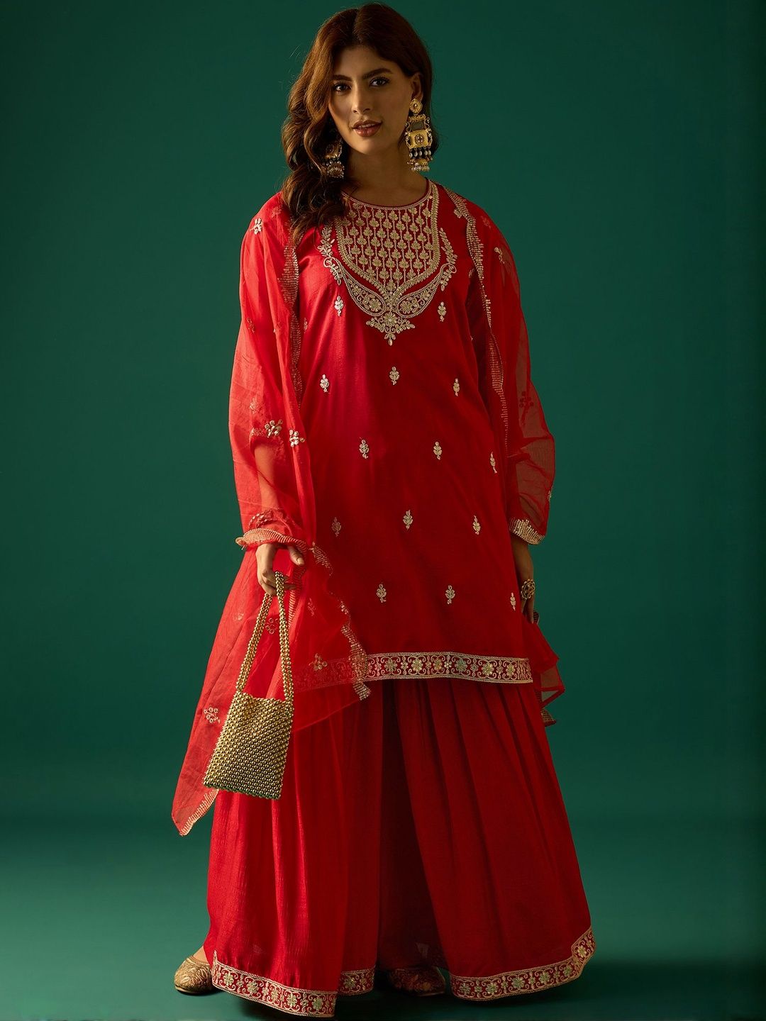 Indyancart VA Ethnic Motifs Embroidered Zari Kurta With Sharara & Dupatta