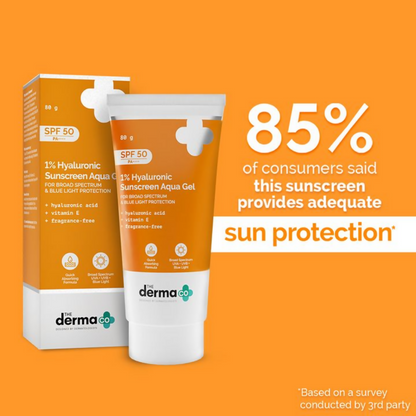 The Derma Co 1% Hyaluronic Sunscreen Aqua Gel with SPF 50, a hydrating sunscreen in a lightweight gel form with SPF protection.