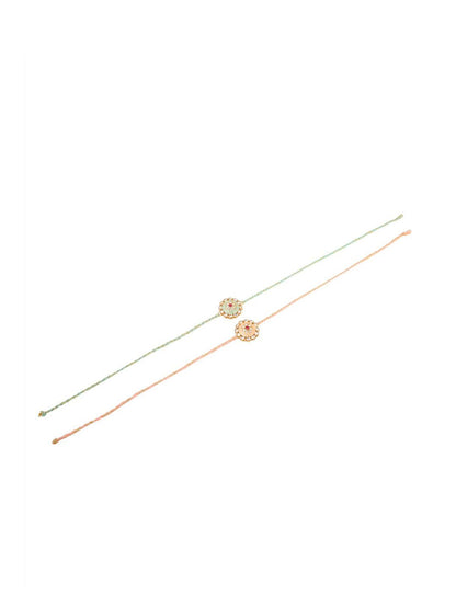 Anouk Men Set Of 2 Peach & Green Kundan Studded Round Floral Design Rakhi With Roli Chawal
