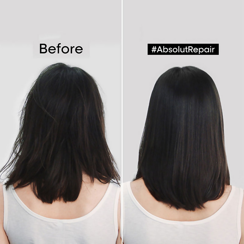 L'Oreal Paris Serie Expert Absolut Repair hair mask, shampoo, and serum set for damaged hair care, shown in the image.