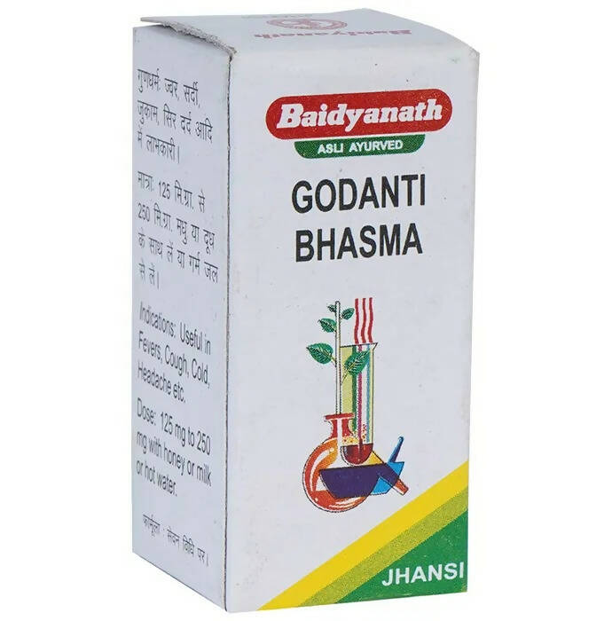Baidyanath Jhansi Godanti Bhasma Ayurvedic powder in a small container, used in traditional Indian medicine.
