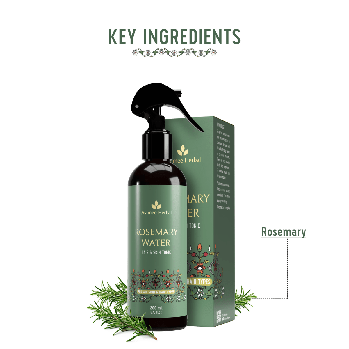Avimee Herbal Rosemary Water hair spray bottle for hair growth, scalp health, and fall control, with fresh rosemary leaves visible.