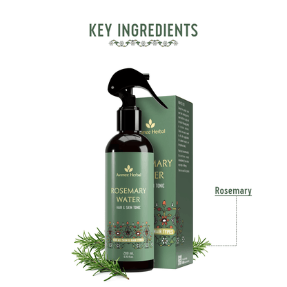 Avimee Herbal Rosemary Water hair spray bottle for hair growth, scalp health, and fall control, with fresh rosemary leaves visible.