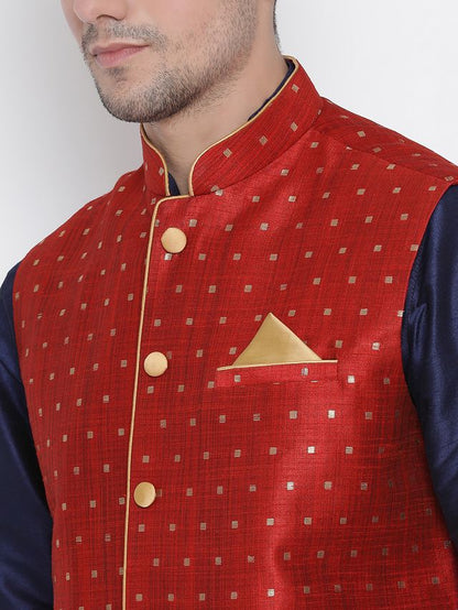 Men's Dark Blue Silk Blend Straight Jacket  Kurta and Pyjama Set