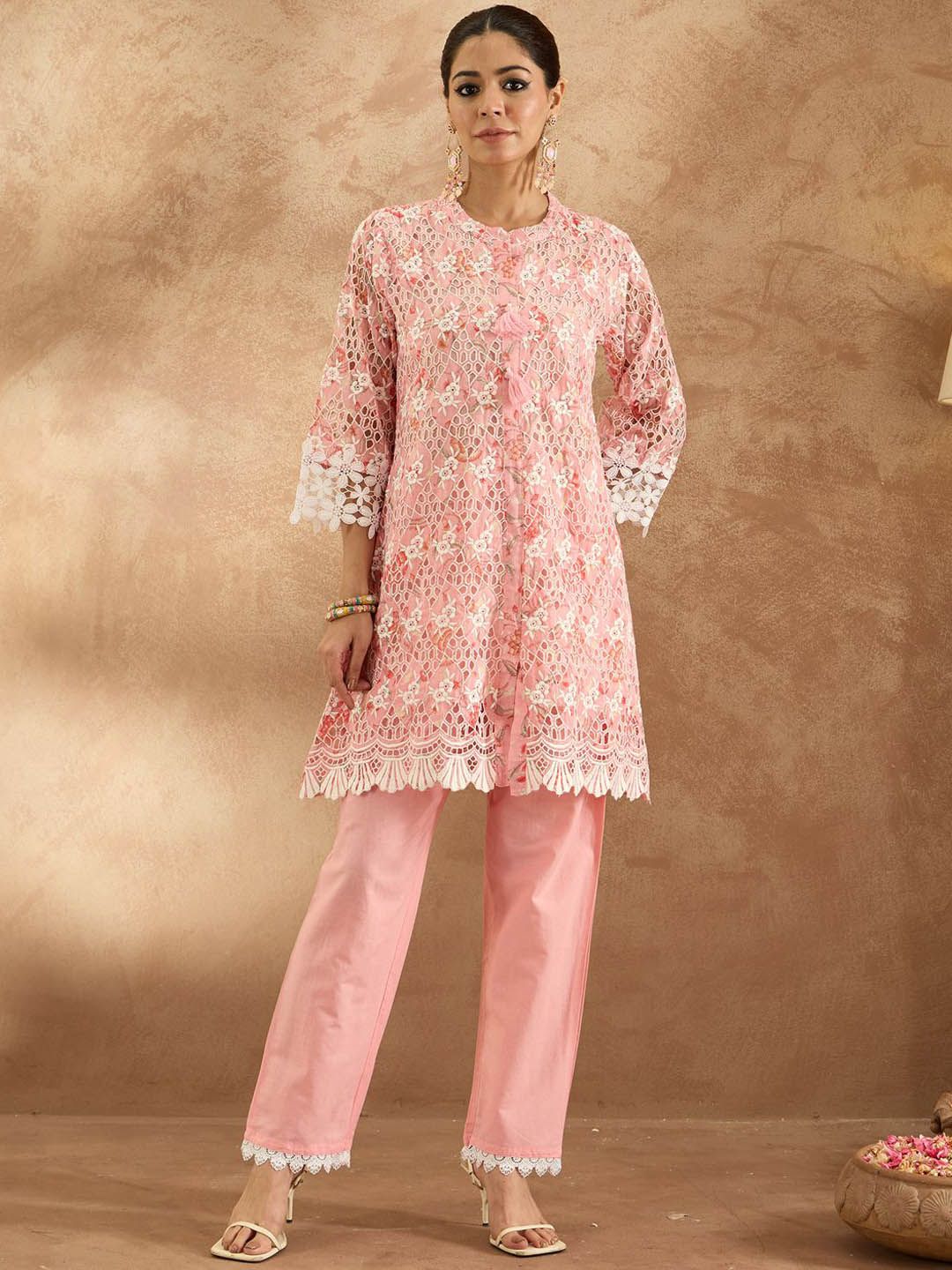 Indyancart IE Embroidered Pure Cotton Tunic & Trouser Co-Ords
