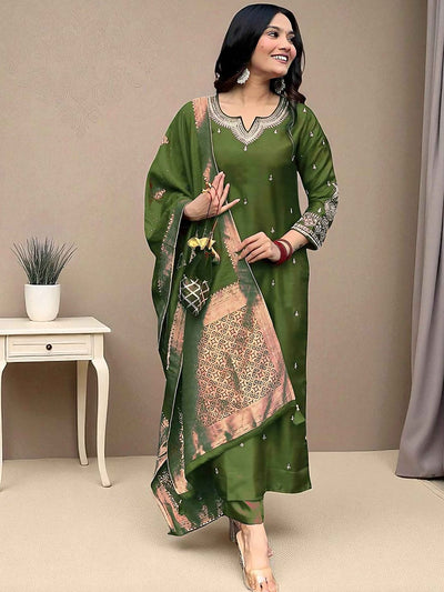 Indyancart SN Women's Floral Embroidered Sequinned Straight Kurta with Pyjama & Dupatta