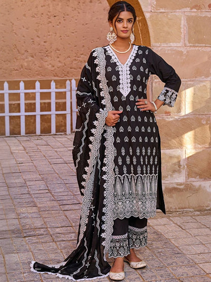 Women Ethnic Motifs Embroidered Regular Pure Cotton Kurta With Trousers & Dupatta
