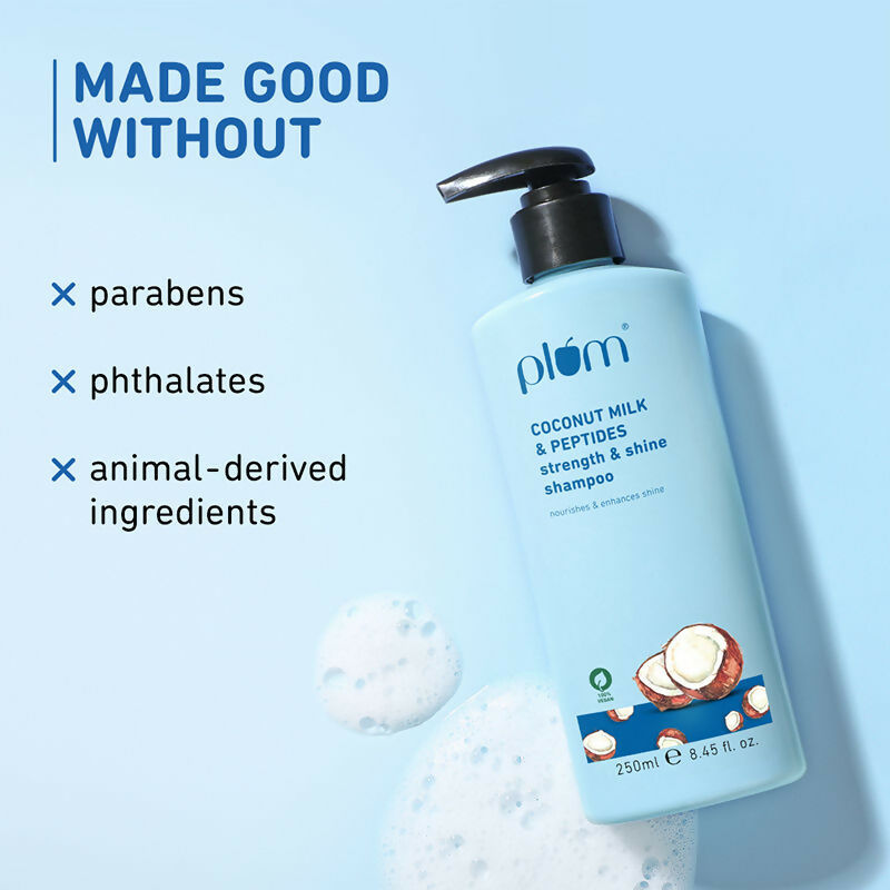 Plum Coconut Milk & Peptides Shampoo bottle with soft, shiny hair, showcasing the nourishing shampoo for smooth hair.