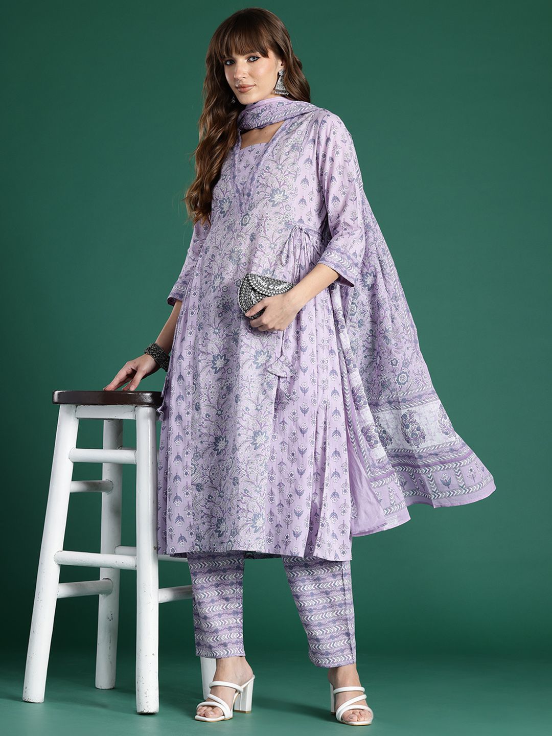 Floral Printed Pleated Pure Cotton Kurta With Trousers & Dupatta