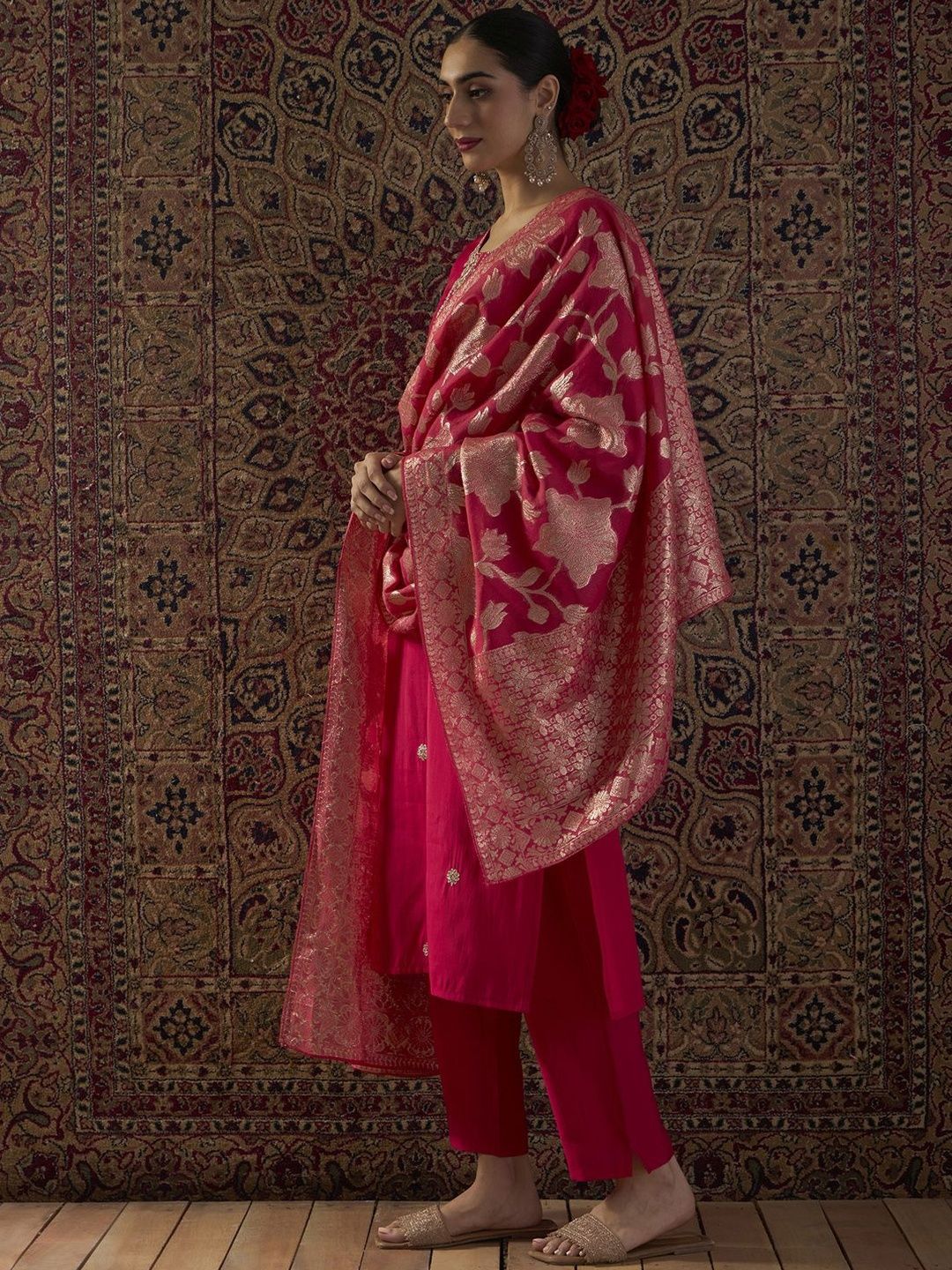 Floral Embroidered Thread Work Round Neck Straight Kurta With Trouser & Dupatta