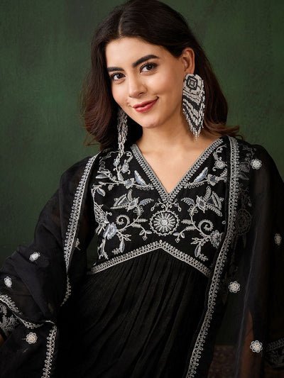 Indyancart SN Women's Embroidered Thread Work Anarkali Kurta & Trousers With Dupatta