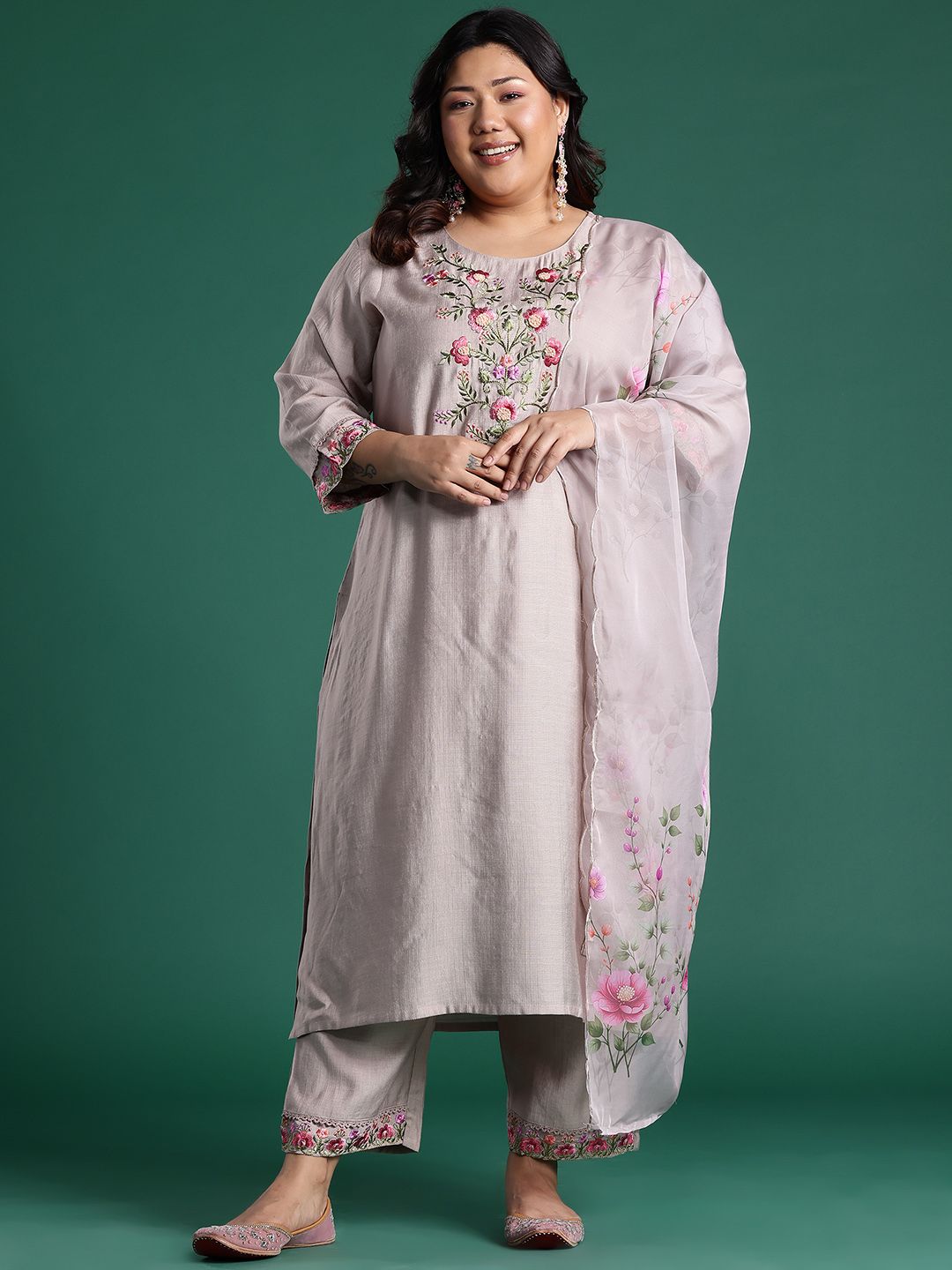 Indyancart Women's Floral Embroidered Regular Thread Work Round Neck Kurta with Trousers & Dupatta