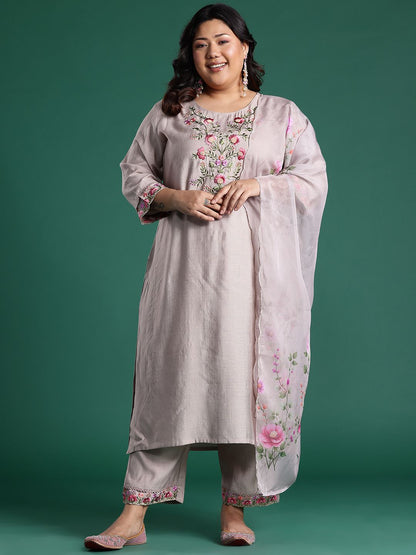 Indyancart Women's Floral Embroidered Regular Thread Work Round Neck Kurta with Trousers & Dupatta